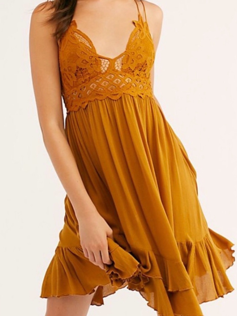 FREE PEOPLE ADELLA NWT mustard Lace Women's short Strappy Dress Sz S ret:$88